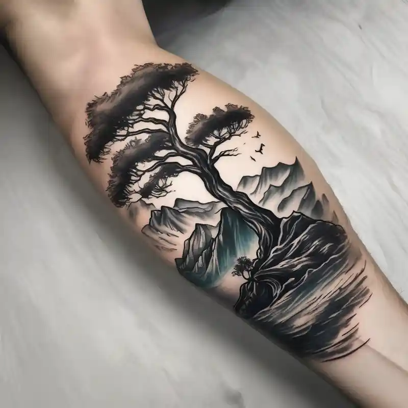 a forearm tattoo that has an acacia tree with mountains, ocean with a ship wreck half sleeve tattoos for men